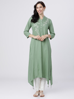Vishudh Women Solid A-line Kurta(Green)