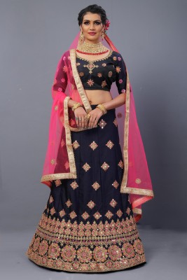 MYSTERY BOX Embroidered Semi Stitched Lehenga Choli(Dark Blue)