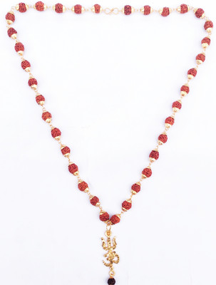 Cyan spritual om trishul pandet with rudhraksh cap mala wood chain 108 beads Gold-plated Plated Brass, Wood Chain Set