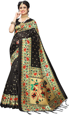 Kkrish Printed Mysore Art Silk Saree(Black)