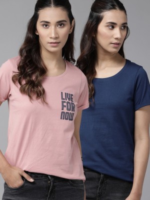 Roadster Solid Women Round Neck Blue, Pink T-Shirt