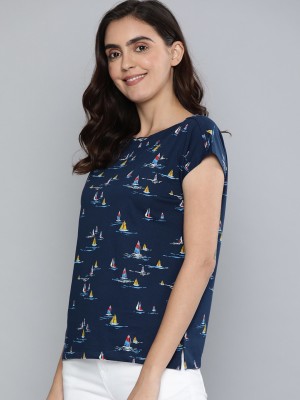 Mast & Harbour Printed Women Round Neck Dark Blue T-Shirt