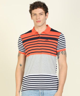 PETER ENGLAND Striped Men Polo Neck Orange T-Shirt