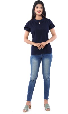 MK3A Casual Short Sleeve Solid Women Blue Top