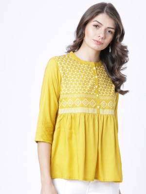 Vishudh Casual 3/4 Sleeve Embroidered Women Yellow Top