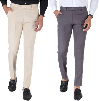 SREY Slim Fit Men Cream, Grey Trousers