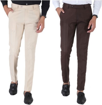 SREY Slim Fit Men Cream Trousers