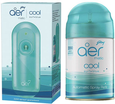 Godrej Fresh Automatic Spray aer Matic, Automatic Air Freshener Kit with Flexi Control plus refill- Cool Surf Blue(225 ml)