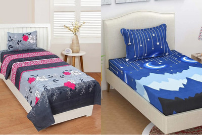 HSR Collection 144 TC Microfiber Single 3D Printed Flat Bedsheet(Pack of 2, Multicolor)