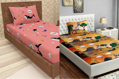 HSR Collection 144 TC Microfiber Single 3D Printed Flat Bedsheet(Pack of 2, Multicolor)