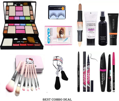 K.Y.L.Plus 7pcs Makeup Brush set with 6171 makeup kit, contour stick,Primer, Fixer, foundation, Kajal, Waterproof 36H Sketch eyeliner and 3in1 Combo set ,eyelashes curler and eyelashes with glue (Pack of 13) (13 Items in the set)(13 Items in the set)