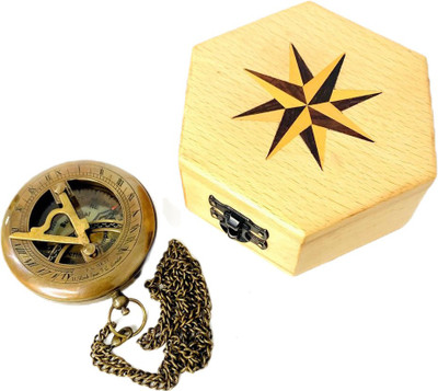 Ascent India Antique Brass pocket push button sundial compass with rose wood hexagon box Compass(Brown)