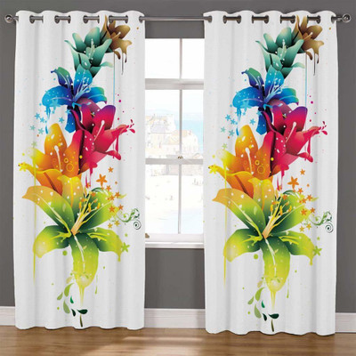 VSD 154 cm (5 ft) Window Polyester Room Darkening Curtain (Pack Of 2)(White, Printed)