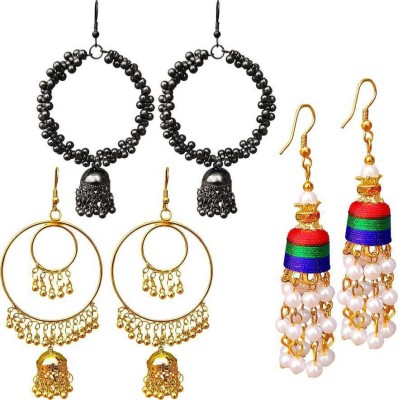 PRASUB Combo of 3 pair oxidized silver afgani earrings, latest collection of chandbali Beads, Pearl Alloy, Brass Jhumki Earring