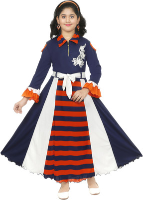 MRM CREATION Girls Maxi/Full Length Party Dress(Dark Blue, Fashion Sleeve)