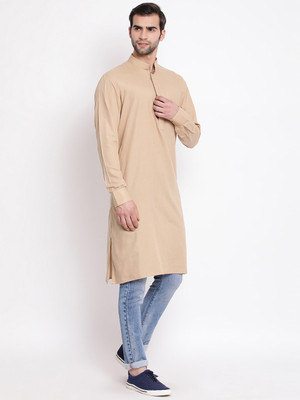 VM Men Solid A-line Kurta(Beige)