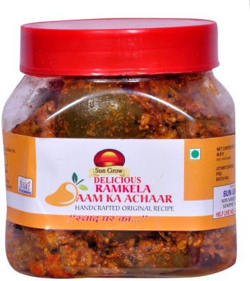 Sun Grow Traditional Organic Tasty & Spicy Home Made Ghar Ka Bana Delcious Ramkela Mango Pickle Aam Ka Achar (in Kachi Ghani Pure Mustared Oil) 500gm Mango Pickle(500 g)