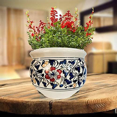 Niyara white & blue designer ceramic planters pot size-8 inches Plant Container Set(Ceramic)