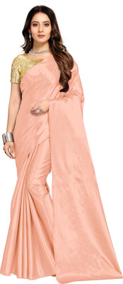 Aruna Sarees Solid/Plain Bollywood Satin Saree(Beige)