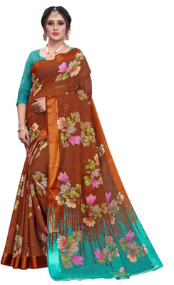 Vimalnath Synthetics Printed Daily Wear Cotton Linen Saree(Brown)