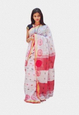 TARAMA ENTERPRISE Printed Jamdani Cotton Silk Saree(White)