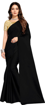 Aruna Sarees Solid/Plain Bollywood Satin Saree(Black)