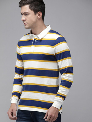 Roadster Striped Men Polo Neck White, Blue T-Shirt