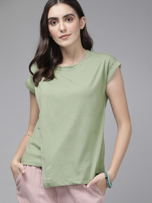 Roadster Casual Short Sleeve Solid Women Green Top