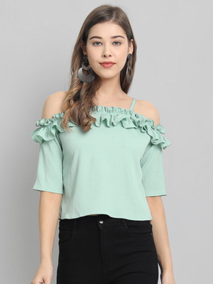 Clothzy Casual Cold Shoulder Solid Women Light Green Top