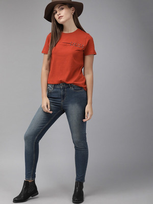 Roadster Casual Short Sleeve Printed Women Red Top