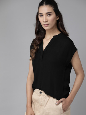 Roadster Casual Short Sleeve Solid Women Black Top
