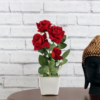 Flipkart Perfect Homes Rose Artificial Flower with White square pot for Home ad Office Decor Red Rose Artificial Flower  with Pot(12 inch, Pack of 1, Flower Bunch)