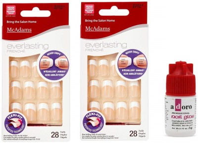 McAdams Reusable Artificial Biege French Nails in Regular Length with Glue White Biege, Deep Peach(Pack of 24)