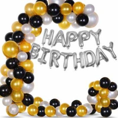 Acril Solid Happy Birthday Silver Balloon Balloon(Silver, Gold, Black, Pack of 63)