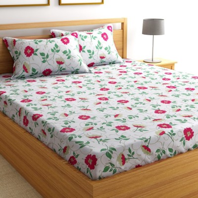 Cloude 150 TC Polycotton Double Floral Flat Bedsheet(Pack of 1, White)