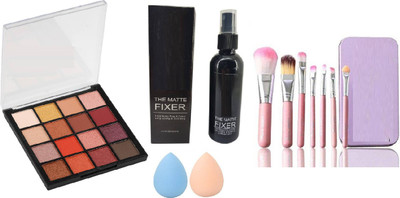 Dhaniji mini eyeshadow palette 01 of 16 shades with set of 7 mew brush, 1 makeup fixing spray and 2 blender puff( 5 items in the set)(5 Items in the set)