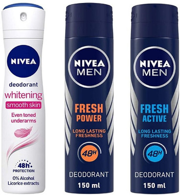 NIVEA Whitening Smooth Skin Deo 150 ml , Fresh Power Deo 150 Ml , Fresh Active Deo 150 ml (Pack of 3) 43 Deodorant Spray  -  For Men & Women(450 ml, Pack of 3)