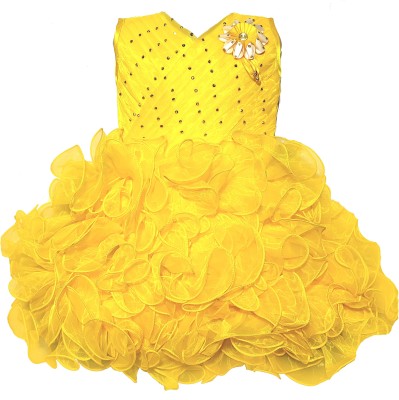 Kids Wear Fashion Baby Girls Midi/Knee Length Festive/Wedding Dress(Yellow, Sleeveless)