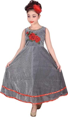 Pari Mahal Girls Maxi/Full Length Party Dress(Grey, Sleeveless)