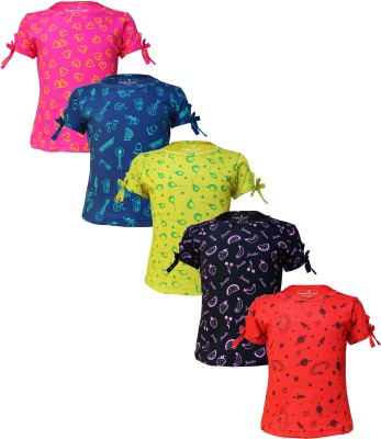 Naughty Little Girls Printed Pure Cotton Regular T Shirt(Multicolor, Pack of 5)