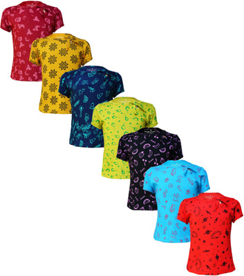 Naughty Little Baby Girls Printed Pure Cotton Regular T Shirt(Multicolor, Pack of 7)