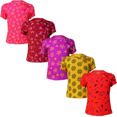 Naughty Little Girls Printed Pure Cotton Regular T Shirt(Red, Pack of 5)