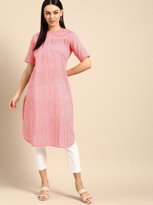 ANOUK Women Striped Straight Kurta(Pink)