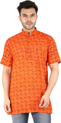 Latest Plus Men Printed Straight Kurta(Orange)