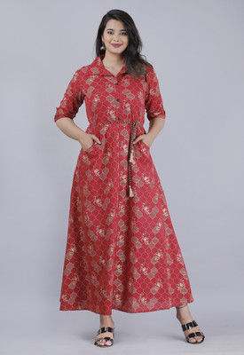 BHAGLI Women A-line Maroon Maxi/Full Length Dress