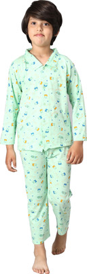 ANIXA Boys & Girls Printed Green Top & Pyjama Set