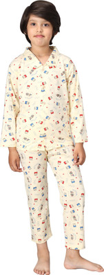 ANIXA Boys & Girls Printed Beige Night Suit Set