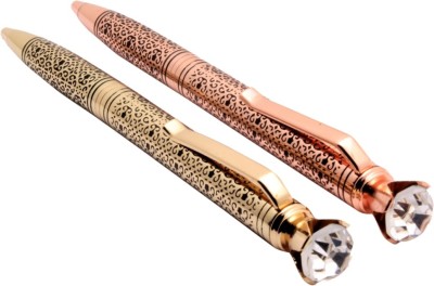 Ledos Set Of 2 - Trophy Rose & Gold Plated Ballpoint Pen Clear Crystal Diamond On Top Etching Work Done On Body Pen Gift Set(Pack of 2, Blue)