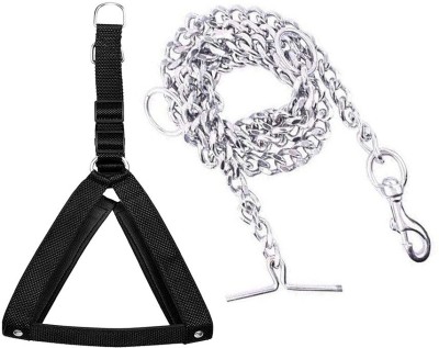 Smart Doggie Dog Belt Chain Combo of 1.25 inch Dog Body Harness with Heavy Dog Chain (Black,Steel) Dog Harness & Chain(Extra Large, Black)