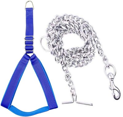 Smart Doggie Combo of 1 inch Dog Harness Belt and Heavy Stainless Steel Dog Chain Dog Collar & Chain(Medium, Blue)
